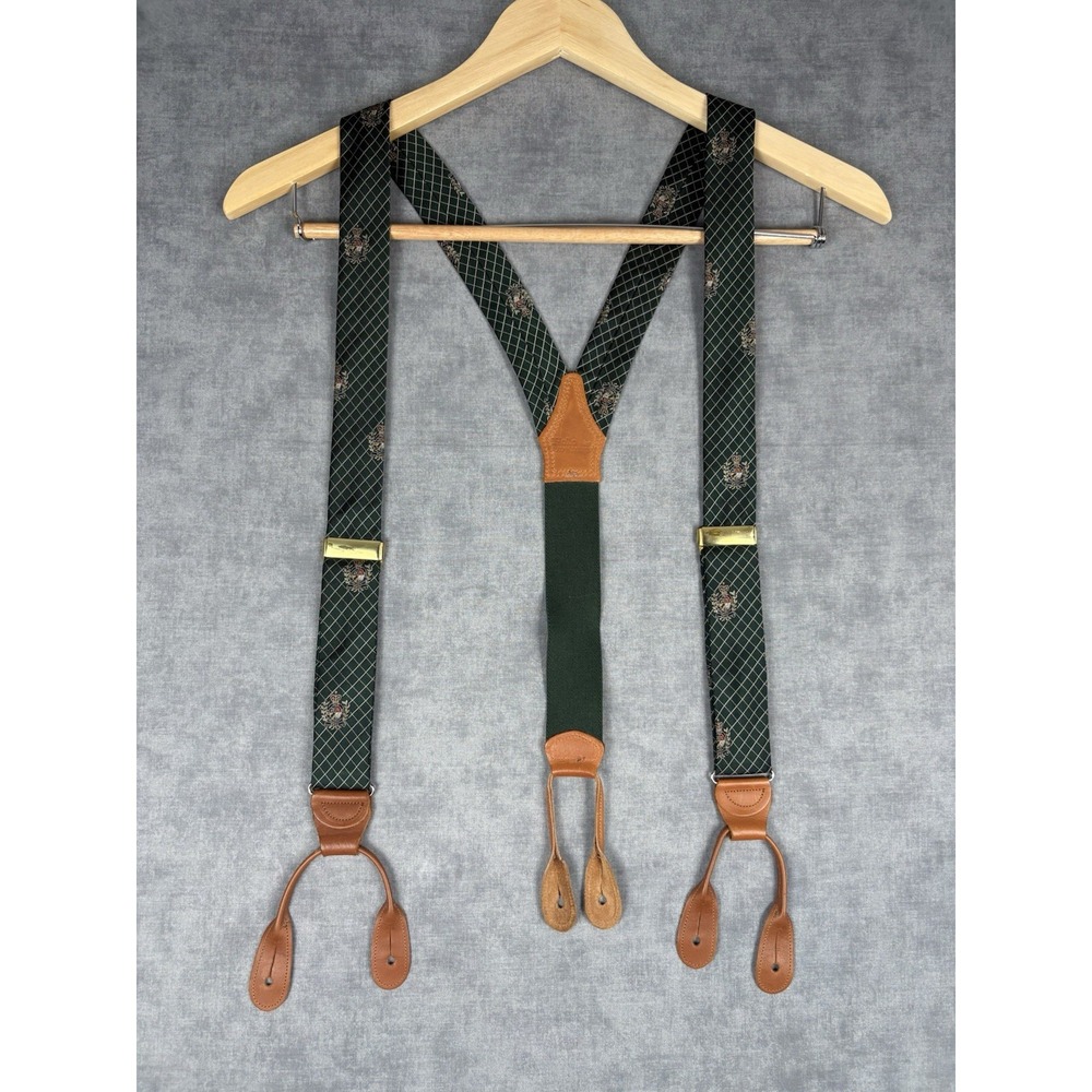 Vintage Polo Ralph Lauren Suspenders Green Crest Leather Solid Brass USA